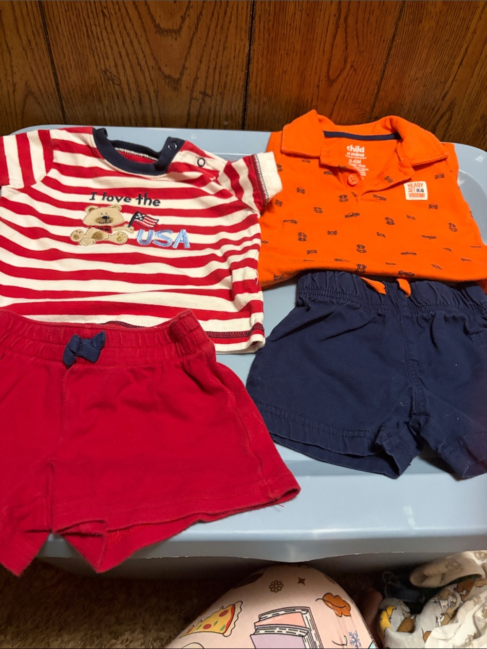 ELF Bright Orange Polo and Navy Shorts Set with Red Striped Tee